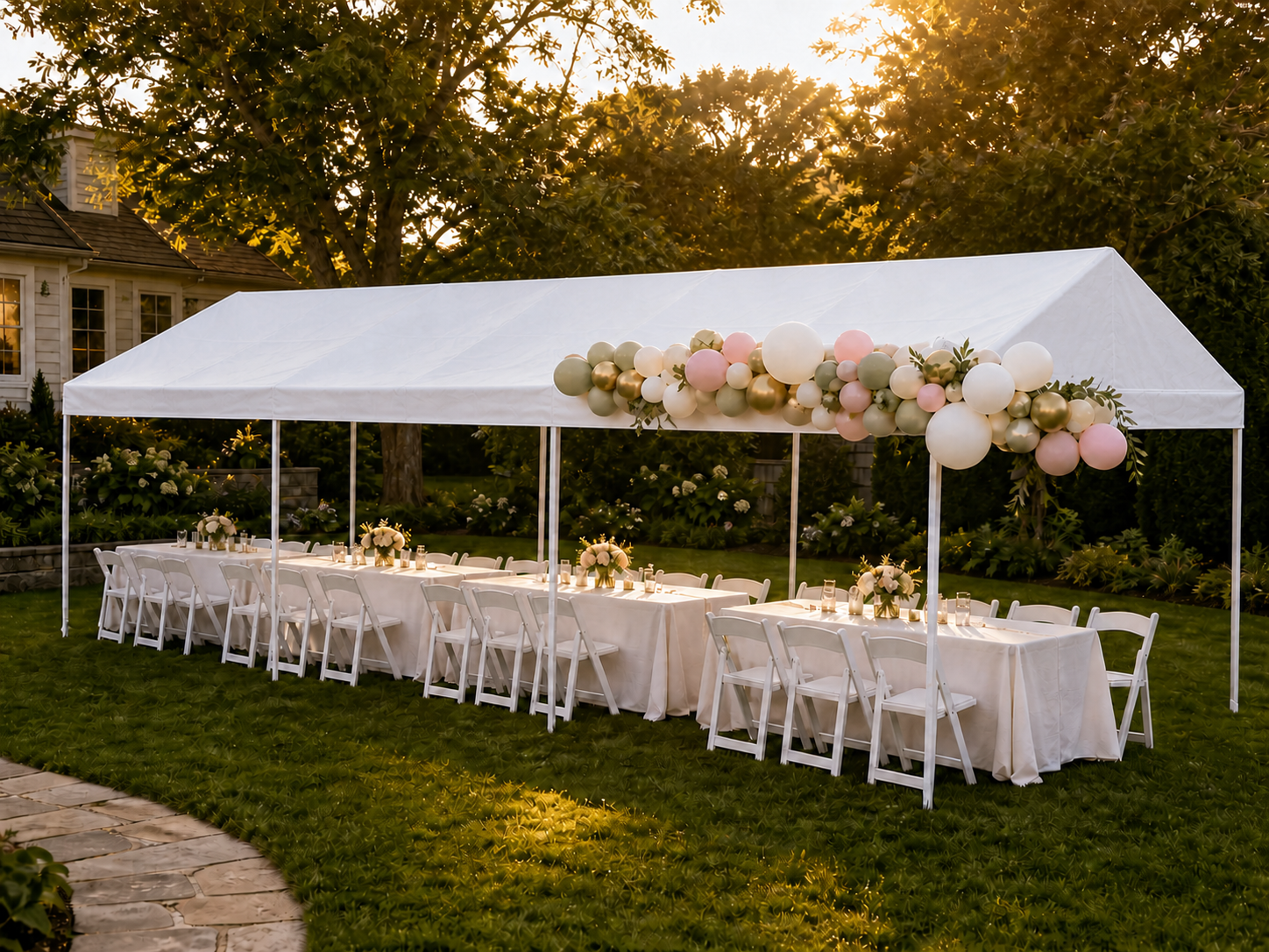 Classic outdoor party with white tent and balloon arch