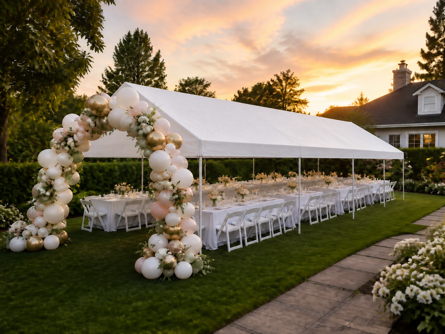 Large outdoor celebration with tent, seating and balloon decor