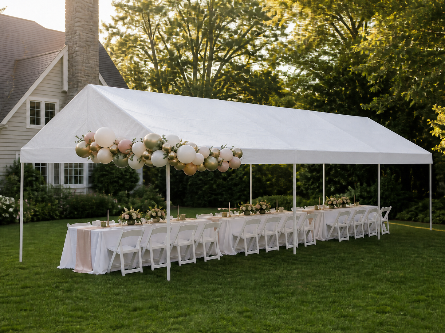 Small covered party with white tent, tables, chairs and balloon garland